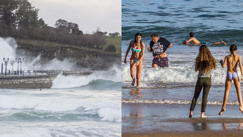 Santander. El año pasado, temporal en El Sardinero. El pasado fin de semana las altas temperaturas han hecho que algunos 'valientes' se adentraran en las frías aguas del Cantábrico.