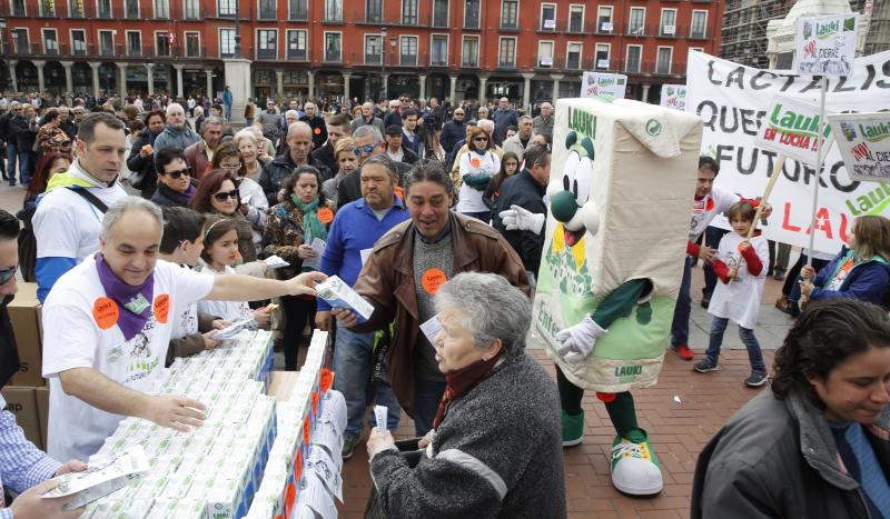 Trabajadores de Lauki reparten 2.000 litros de leche en la Plaza Mayor de Valladolid en protesta por el cierre de la planta