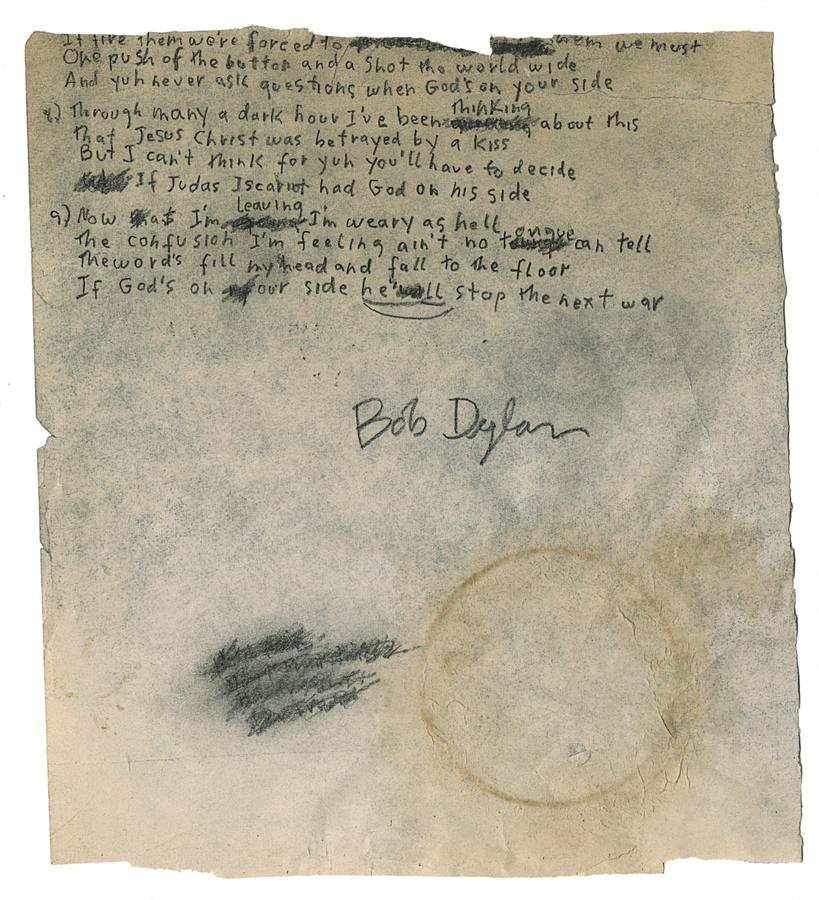 23.06.2009 Manuscrito de Bob Dylan con la letra de 'With God On Our Side', subastada por 25. 000 dólares en la casa Christie´s, en Nueva York. La canción forma parte del álbum 'The Times They Are A-Changin´', que se consolidó como uno de los símbolos contra de la guerra de Vietnam.