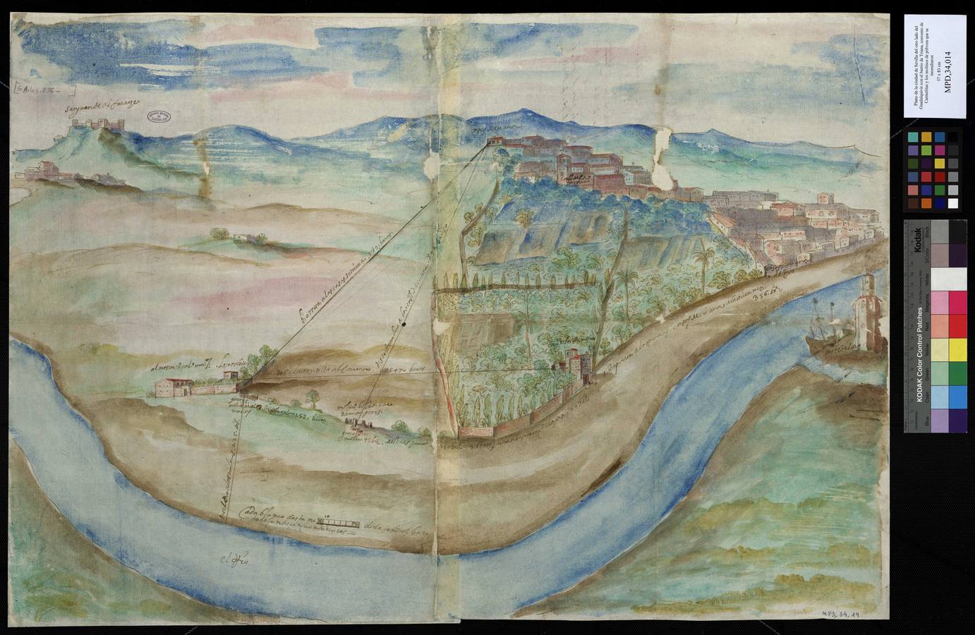 1620 Plano de la ciudad de Sevilla del otro lado del Guadalquivir con el barrio de Triana, convento de Carmelitas y los molinos de pólvora que se incendiaron. Archivo General de Simancas.