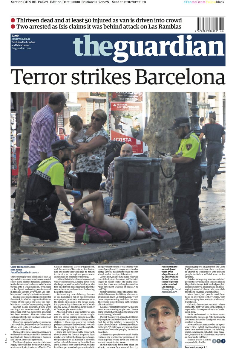 «El terror golpea Barcelona». El diario británico The Guardian también dedica toda su portada al atentado de Las Rambas.