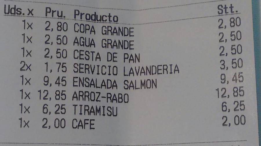 La cuenta del restaurante desvela el extra por servicio de lavandería