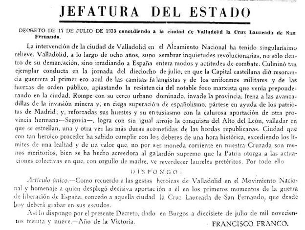 Decreto otorgando a Valladolid la Cruz Laureada de San Fernando