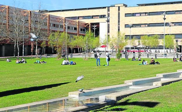 Estudiantes, en el césped del Campus Unamuno.