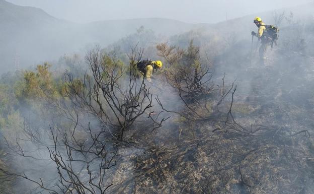 Dos bomberos realizan labores de extinción del incendio de Chano en una imagen compartida en Twitter por la BRIF de Tabuyo.