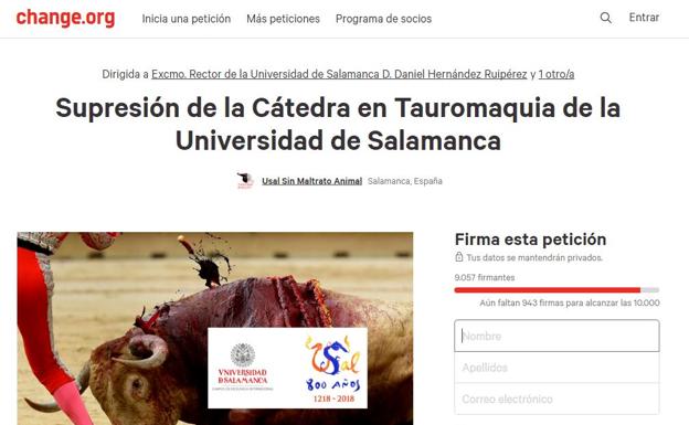 Petición de firmas en Change.org contra la Cátedra en Tauromaquia.