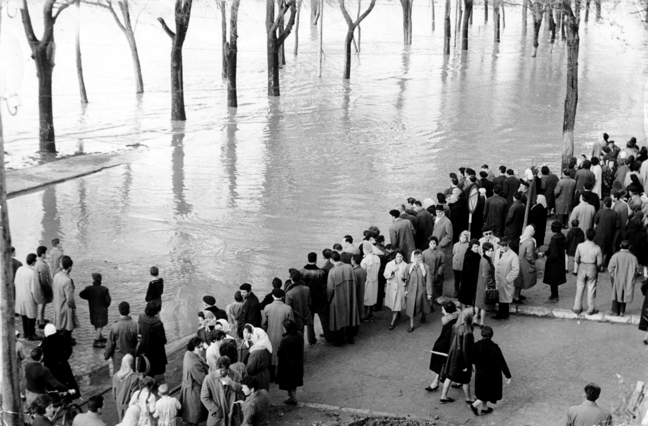 Curiosos en Las Moreras observan las inundaciones por la crecida del río Pisuerga en enero de 1962.