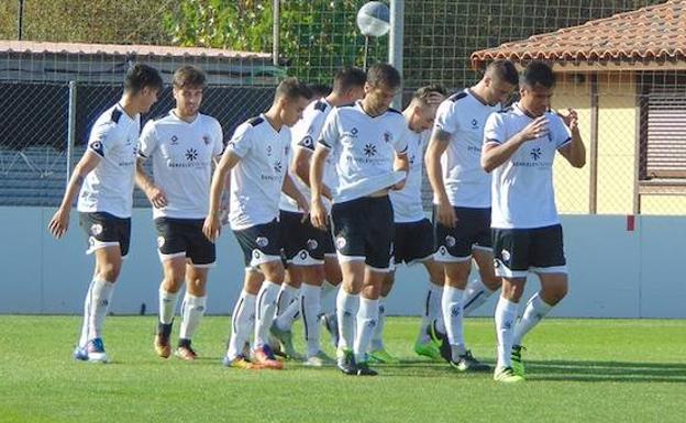 Los jugadores del CFSalmantino celebran uno de los goles en Soria ante el filial numantino.