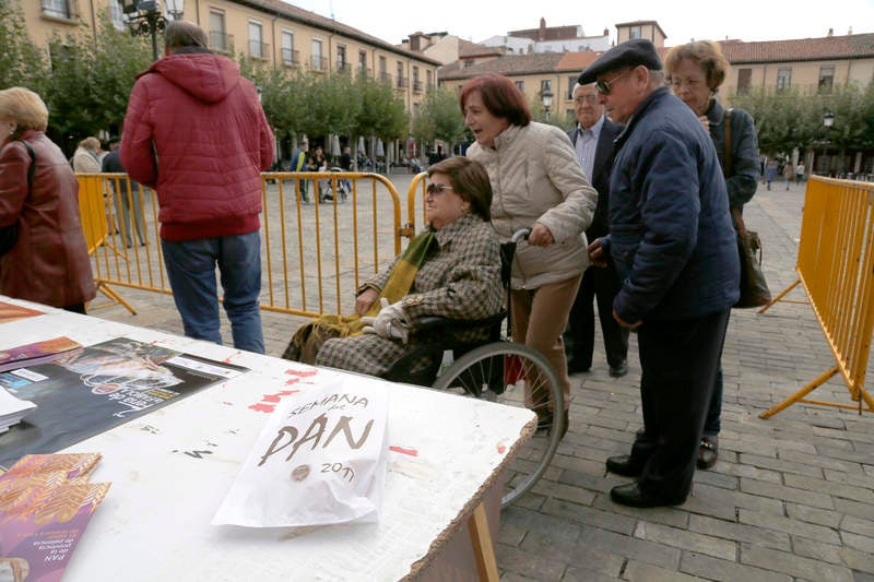 Reparto de fabiolines en la Plaza Mayor de Palencia con motivo de la Semana del Pan