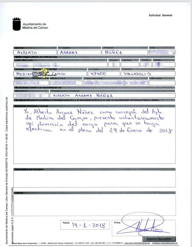 Documento con la renuncia de Alberto Arranz. (Los datos personales se han eliminado desde este diario para preservar su intimidad).
