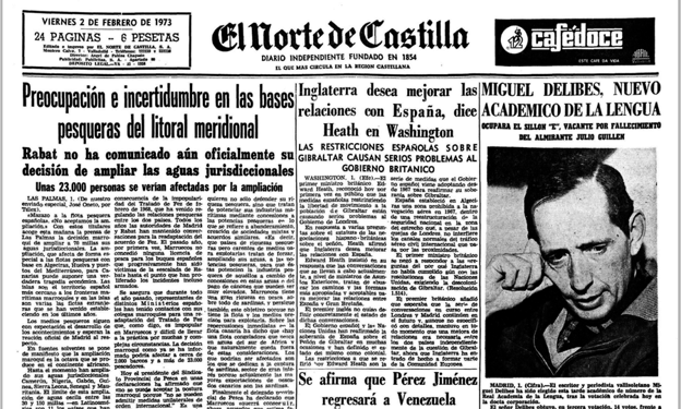 Primera página de El Norte con la elección de Miguel Delibes como nuevo académico de la lengua en febrero de 1973.