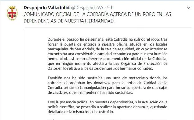 Comunicado colgado por la propia Cofradía en su perfil de Twitter. 