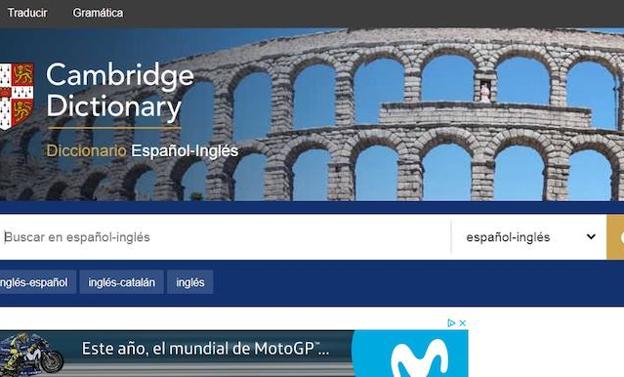 Pantallazo de la portada de la web del diccionario de la Universidad de Cambridge en Internet, con el Acueducto de Segovia. 
