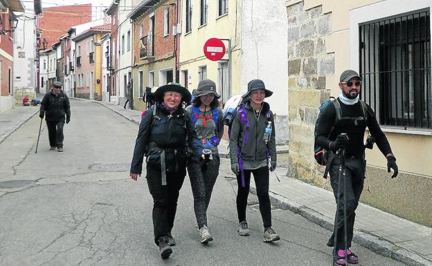 Un grupo de peregrinos, a su llegada a Carrión de los Condes esta semana.: