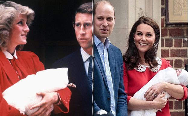 El príncipe Carlos y Lady Di con el príncipe Harry, a la izquierda, y Kate Middleton y el príncipe Guillermo con su bebé. 