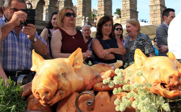 Un grupo de personas observan los cochinillos expuestos a los pies del Acueducto, en 2017.