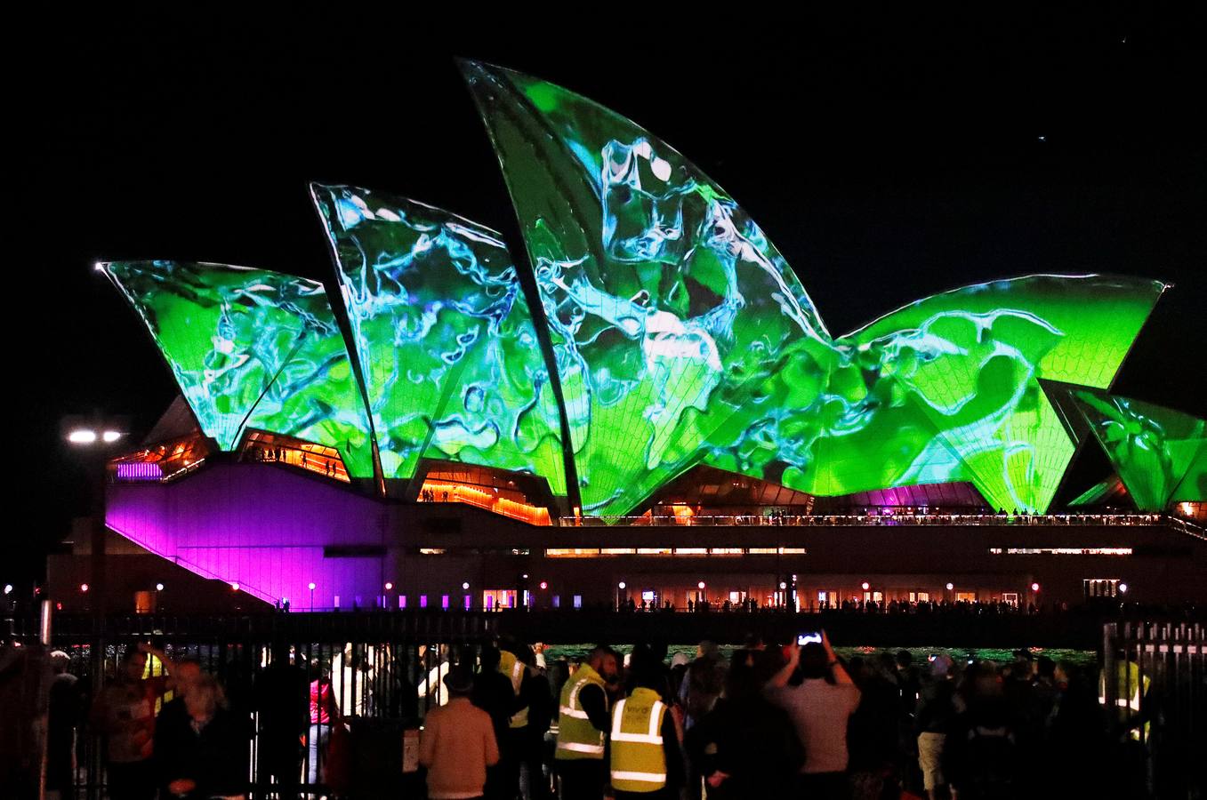 Esculturas digitales en movimiento inspiradas en la naturaleza australiana decoran la Casa de la Ópera de Sídney, en la inauguración del décimo Festival Vivid de luces, música e ideas
