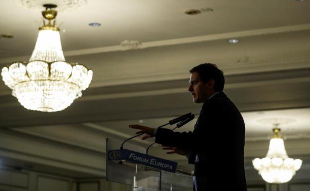 Albert Rivera, esta mañana en un desayuno informativo en Madrid. 