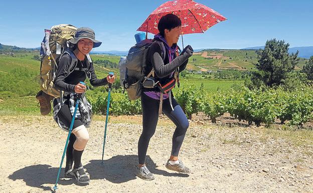 Dos peregrinas de origen coreano caminan junto a un viñedo del Bierzo. 