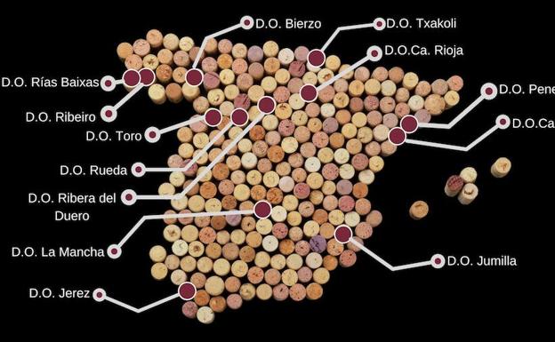Mapa de las principales denominaciones de origen vínicas de España. 