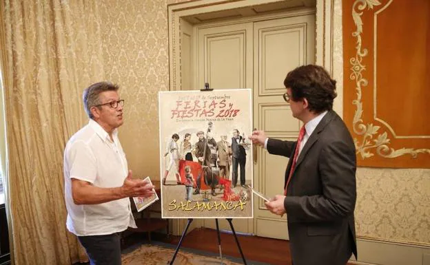 El autor del cartel de Ferias, Antonio Varas, y el alcalde, Alfonso Fernández Mañueco, comentan los detalles de aquél.