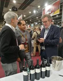 Imagen secundaria 2 - Arriba, un momento de la cata de vinos de la DO Toro, con su presidente, Felipe Nalda (centro),, al frente. Otras bodegas de Castilla y León que exponene sus vinos en el Salón organizado por la Guía Peñín. 