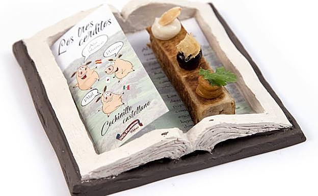 Los Tres Cerditos, de Villa Paramesa. Pincho de Plata en el Provincial. Cochinillo confitado y tres salsas (ajo blanco, ponzu y pibil).