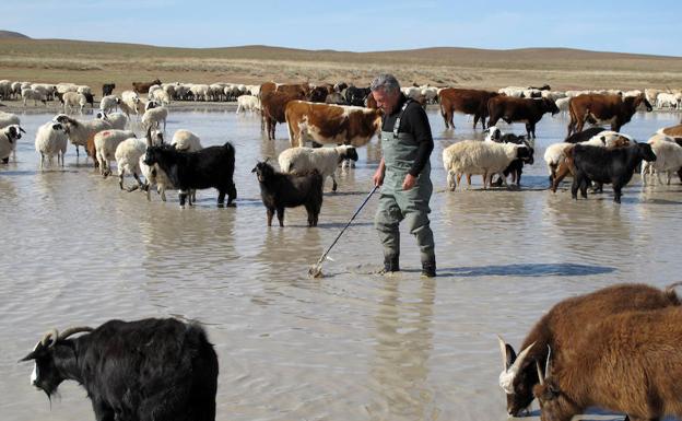 Miguel Alonso, tomando pruebas de un lago en Mongolia. 