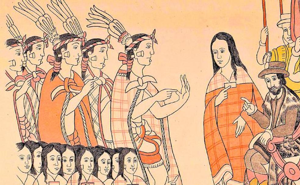 Lienzo de Tlaxcala (1522), con el pacto de Hernán Cortés –junto a él, Malinche– con los cuatro tlataloques. 
