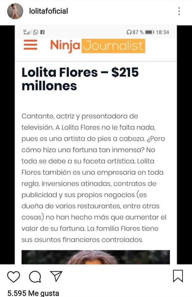 Imagen de la cuenta oficial de Instagram de Lolita, donde la cantante muestra una captura del texto, ya retirado, de Ninjajournalist. 