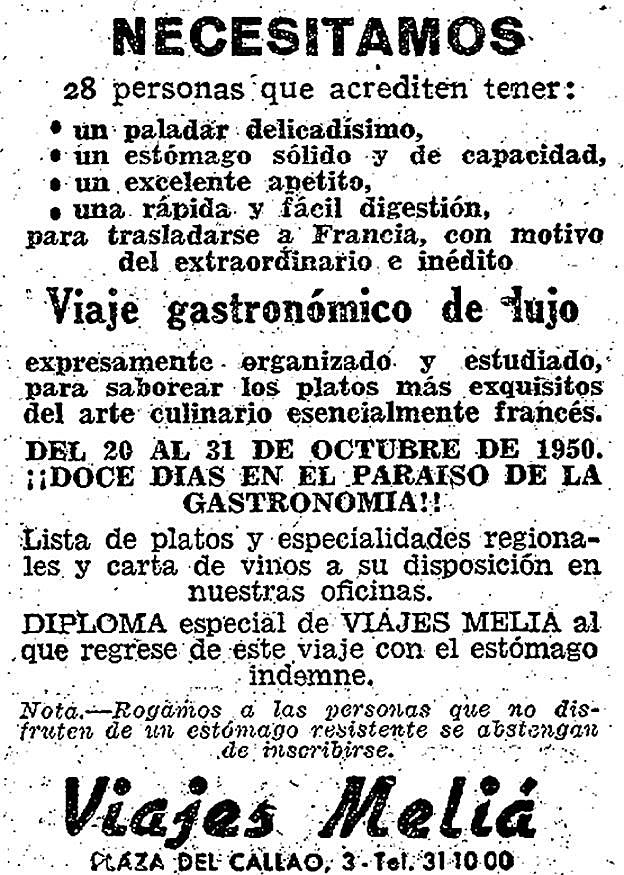 Anuncio original del viaje gastronómico. 