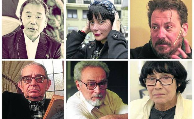 De izquierda a derecha Haruki Murakami, Wendy Guerra y Ray Loriga, arriba, y Torrente Ballester, Primo Levi y Agotha Kristof, abajo. 