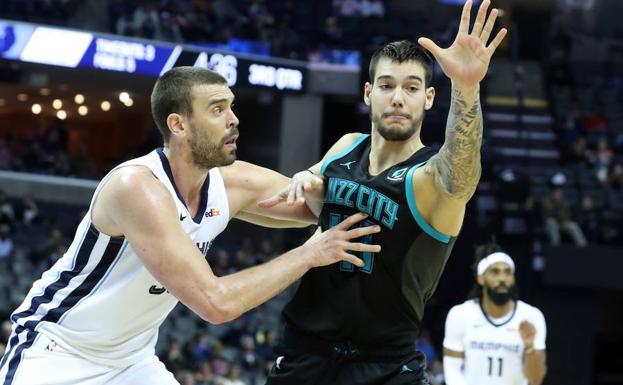 Marc Gasol defiende a Willy Hernangómez.