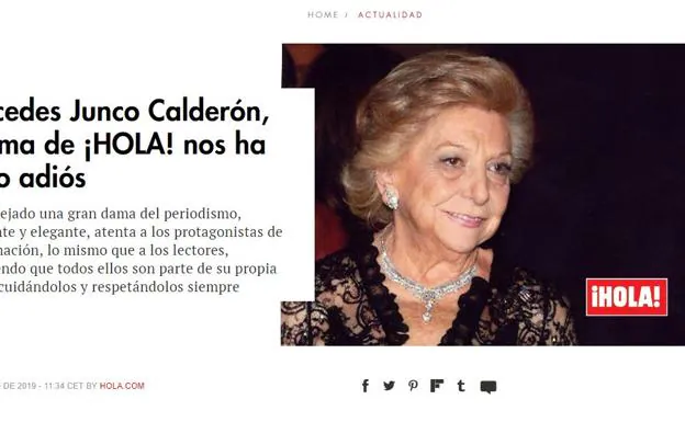 La noticia del fallecimiento de Mercedes Junco Calderón en la web de ¡Hola!