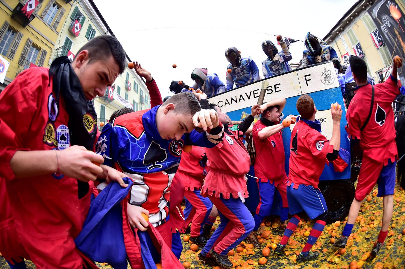 El histórico Carnaval de Ivrea, localidad de Piamonte en la provincia de Turín, representa la guerra civil entre el pueblo y las tropas reales napoleónicas, el día después de la muerte del odiado tirano Raineri de Bramante a manos de la 'Mugnaia' | Los equipos de lanzadores de naranjas a pie (el pueblo) defienden sus plazas de los lanzadores de los carros (el Estado Mayor Napoleónico) a golpe de naranja