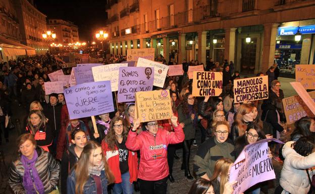 Participantes en la manifestación del 8-M en Segovia exhiben sus pancartas. 