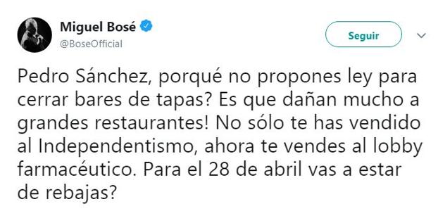 Mensaje de Miguel Bosé contra la campaña del Gobierno hacia las pseudoterapias. 