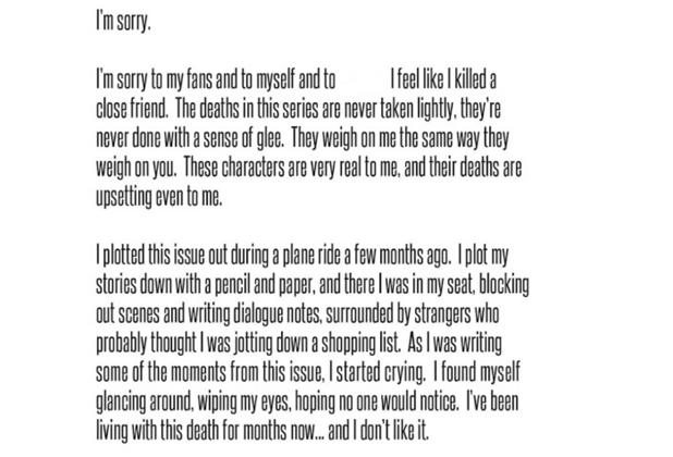 Inicio de la carta de Robert Kirkman al final del número 167 de The Walking Dead, tras matar a un personaje. (Se ha omitido el nombre). 