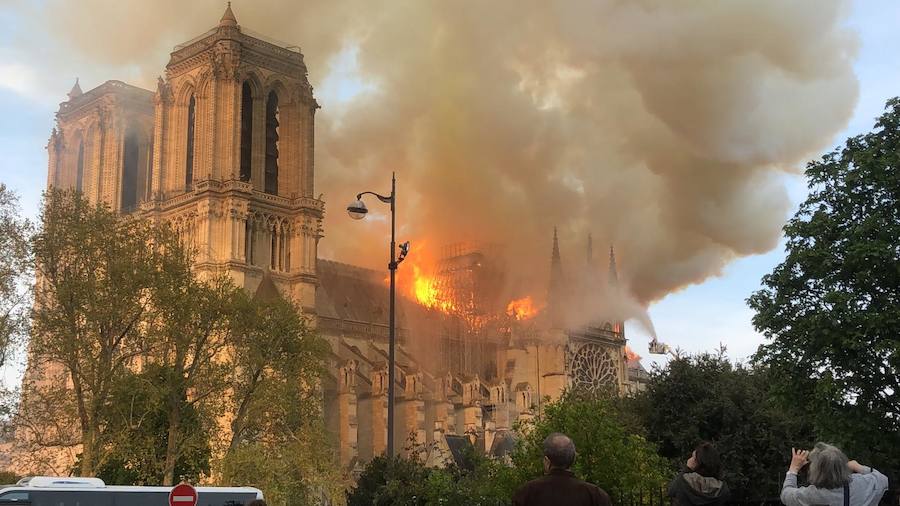 Las llamas afectan a la techumbre de la catedral de Notre Dame.