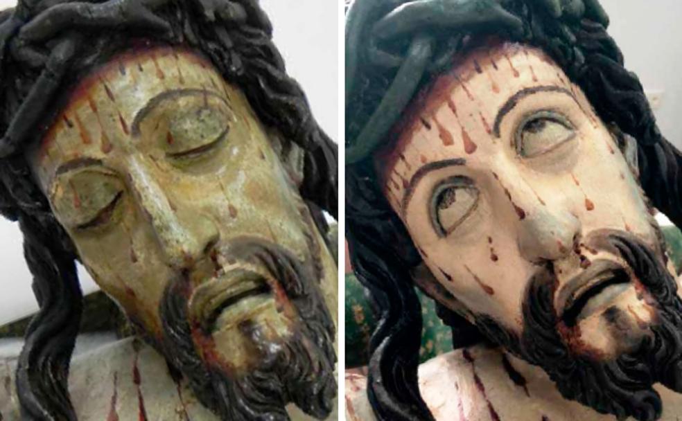 El rostro del Cristo, antes y después de la restauración. 
