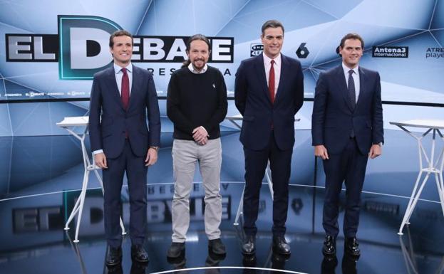 Pablo Casado, Albert Rivera, Pedro Sánchez, Pablo Iglesias, antes del debate en Atresmedia. 