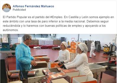 Imagen secundaria 1 - Anuncios electorales en Facebook. El PP publicó uno en el perfil de su candidato Alfonso Fernández Mañueco y siete más bajo el epígrafe «PP de Castilla y León». El PSOE de Castilla y León publicó uno tras el primer debate televisado, especialmente dirigido a hombres (un 78% de los perfiles que lo recibieron eran masculinos). Izquierda Unida ha sido la formación más activa y ha segmentado su público en función del contenido. Así, algunos anuncios como el de la imagen solo los han visto mujeres. 