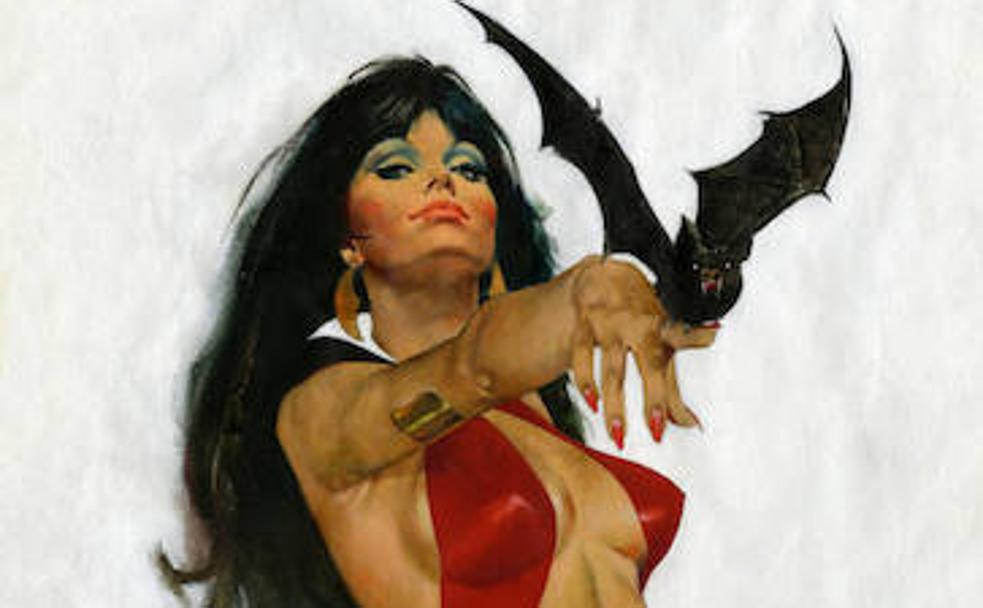 Vampirella, dibujada por Pepe González, que aparece retratado al óleo por Enric.