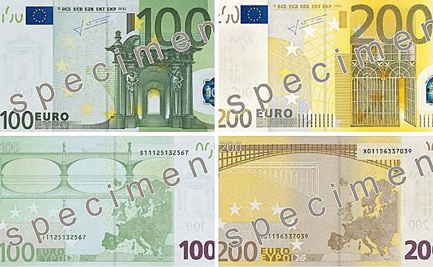 Nuevos billetes de 100 y 200 euros (anverso y reverso). 