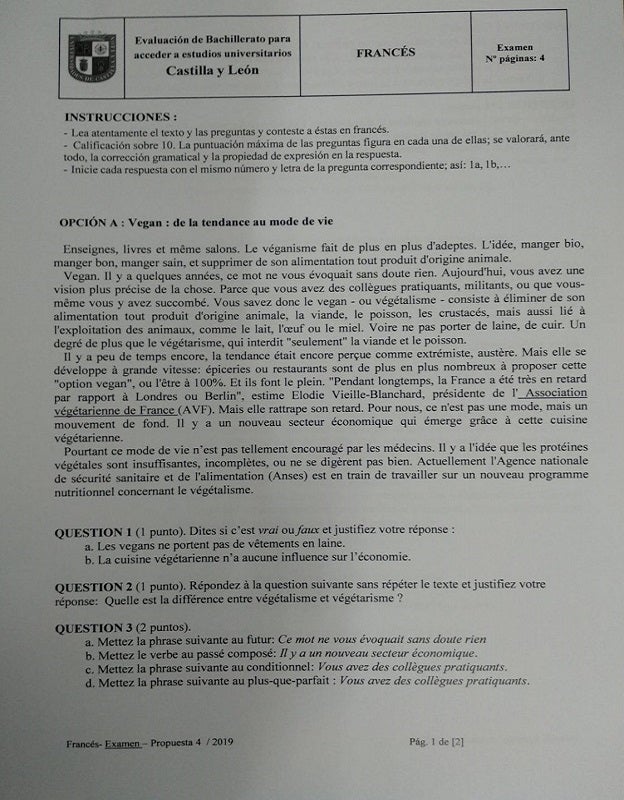 Exámen de Lengua Extranjera EBAU: Francés.