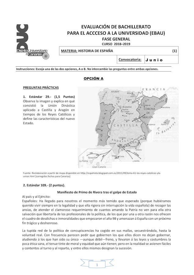 Examen de Historia de España de la EBAU en Canarias.