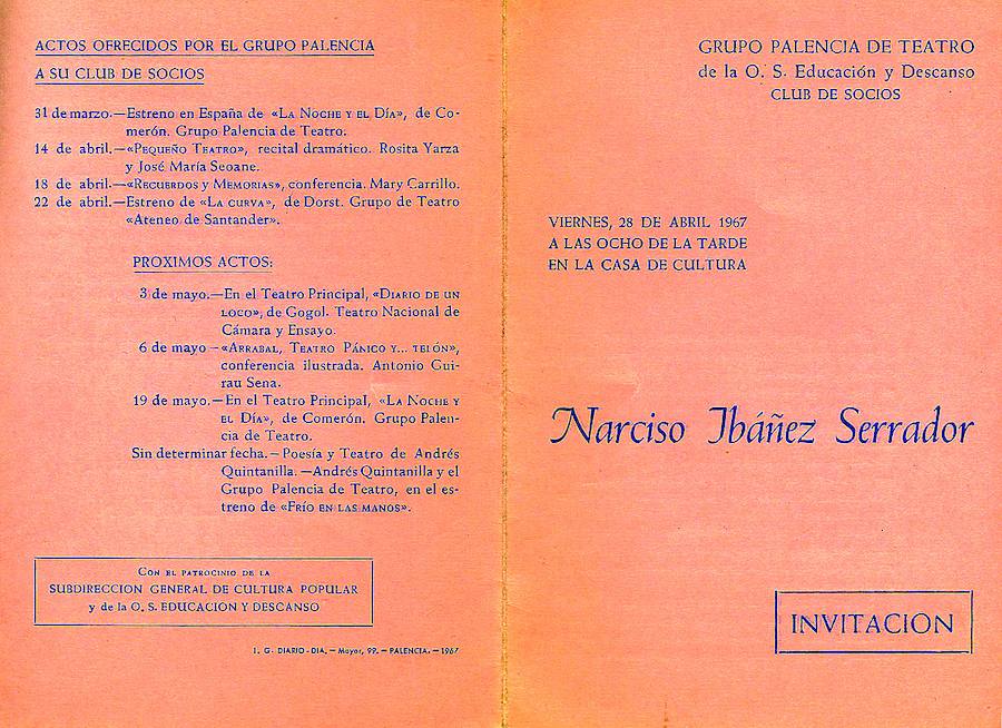 Invitación a un coloquio que ofreció Chicho en Palencia en 1967.