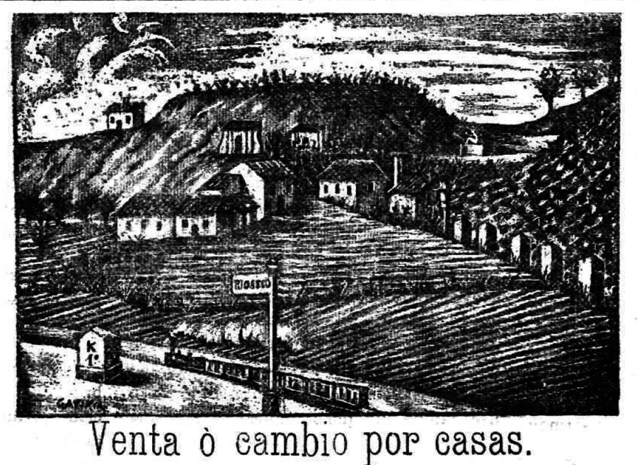 Grabado publicado en un anuncio en El Norte en 1887. Abajo se aprecia el paso del tren burra, al pie del cerro de la Cuesta de la Maruquesa, ya con viviendas. 