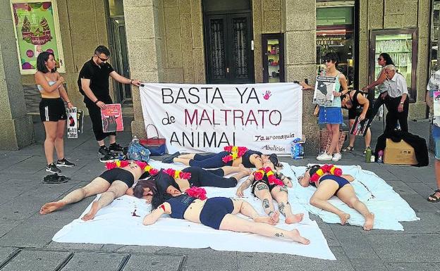 Performance de la plataforma Segovia Antiespecista contra el maltrato animal, este sábado. 