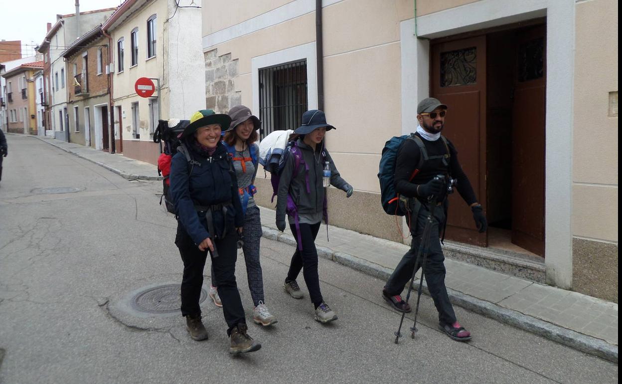 Un grupo de peregrinos por Carrión de los Condes.